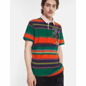 Desigual Size Large Multicolor Striped Short Sleeve Shirt‎ with Patch Embroidery